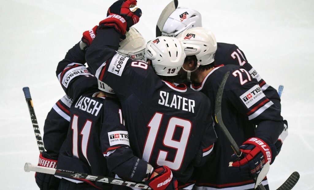 2026 Winter Olympics Ice hockey players competing during an intense Olympic match on ice rink