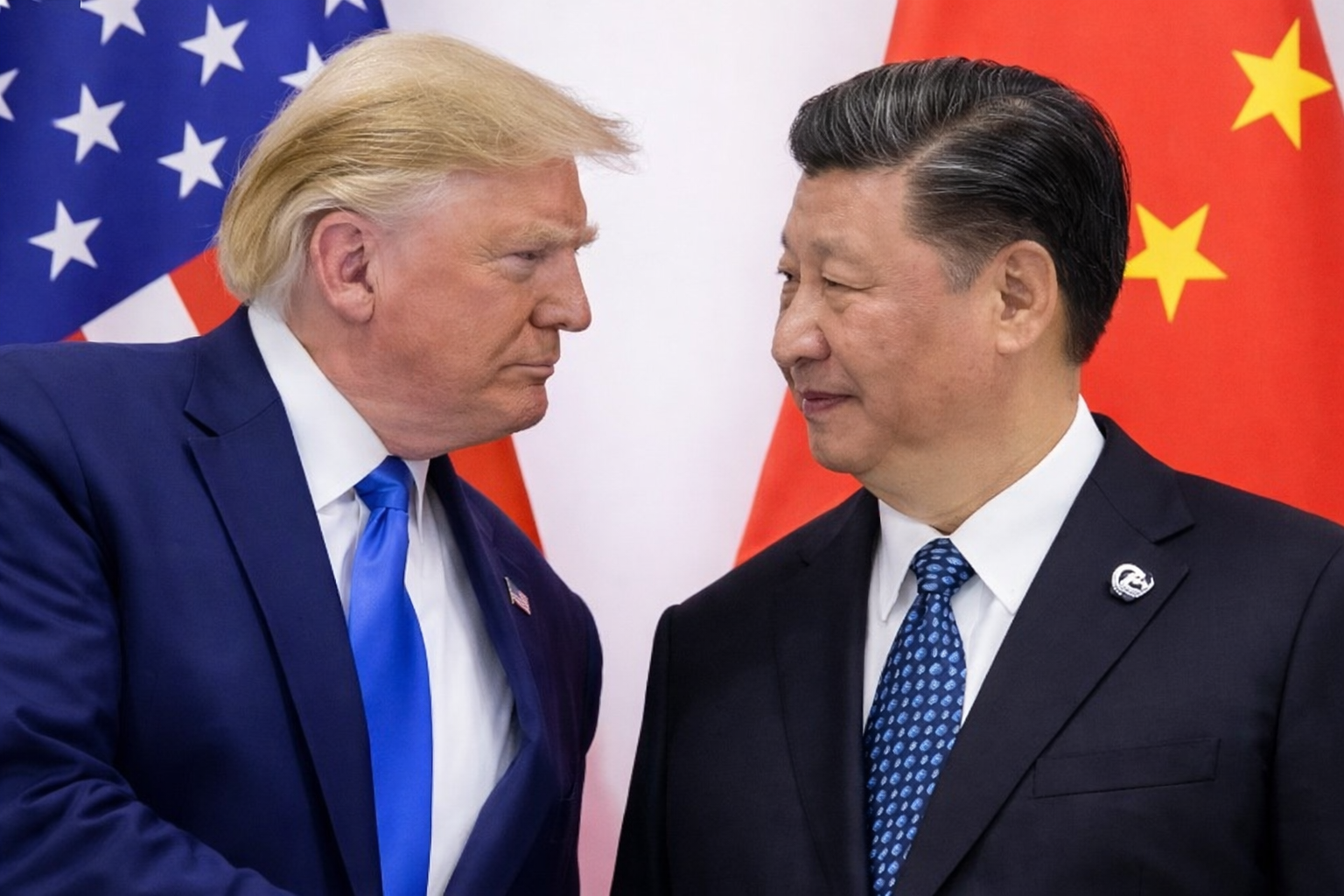 U.S. President Donald Trump and Chinese President Xi Jinping meeting face to face with American and Chinese flags in the background.
