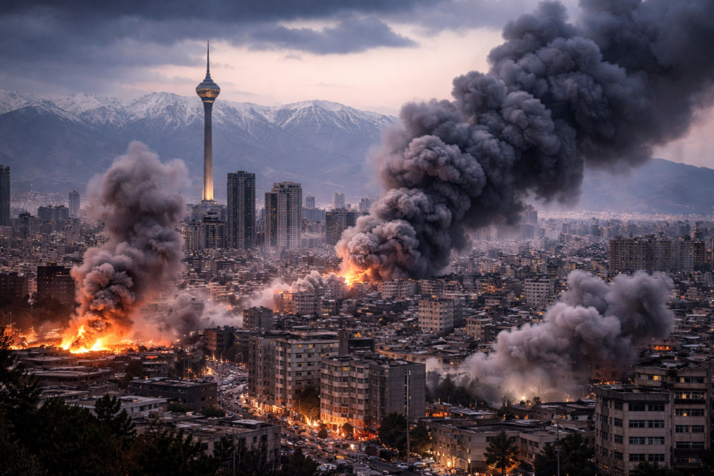 Iran Israel conflict live updates showing explosions and smoke rising over Tehran during escalating military strikes.
