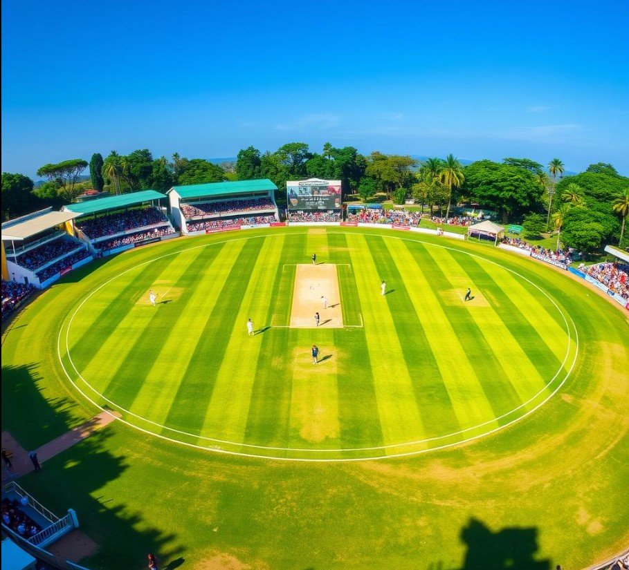 “Wide view of a professional cricket ground under stadium lights during a live match.”