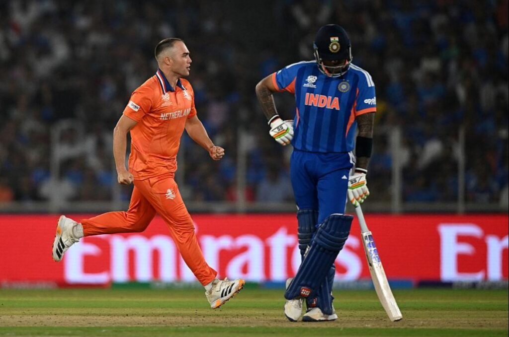 Scoreboard showing India 193/6 vs Netherlands 176/7