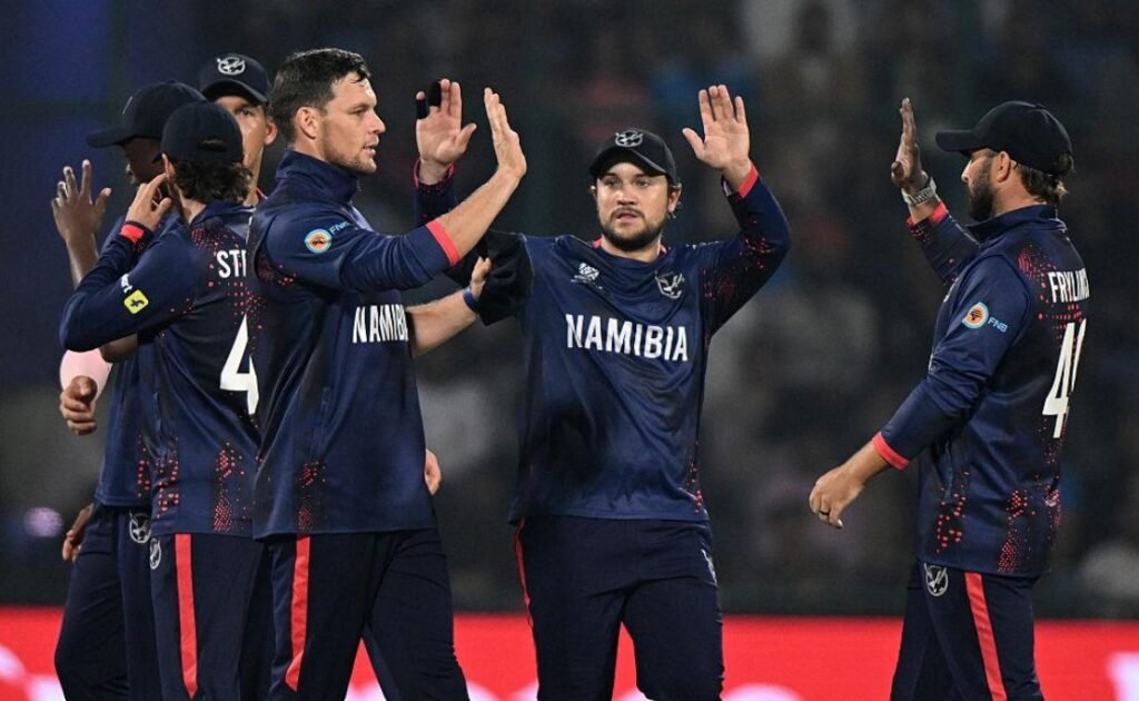 namibia bowler celebrates a wicket during t20 cricket match as pakistan batter rizwan walks away from the crease in a stadium 2