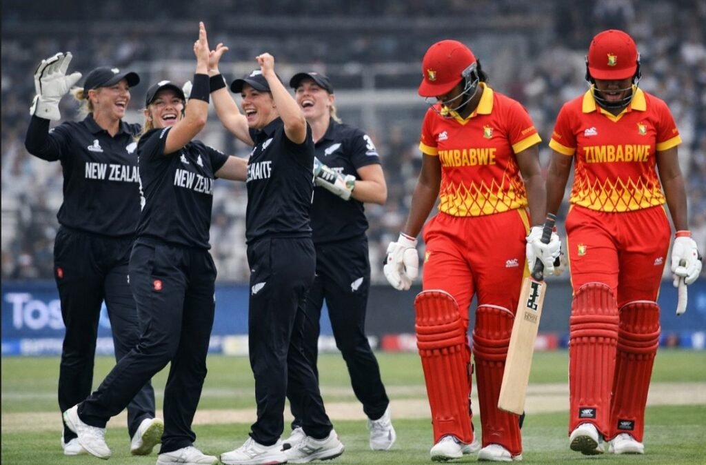 New Zealand Women maintain strong control as Zimbabwe Women face tough run chase in cricket match.